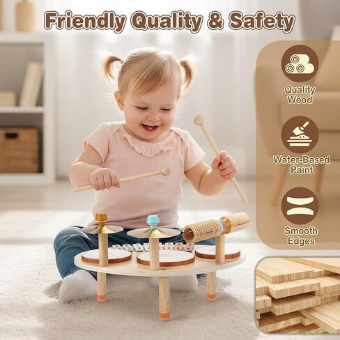 Drum Set Toys for 1 Year Old Boy Girls Gifts, Musical Instruments for Toddlers 1-3, Wooden Montessori Toys for Babies 12-18 Months with Xylophone, Christmas Birthday Gifts for Toddler Age 1-2 in Kuwait