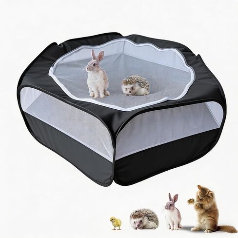 Small Animal Playpen with Zippered Mesh Cover - Portable Foldable Chicken Brooder Box, Indoor Outdoor Enclosure for Guinea Pigs, Bunny, Rabbits, Ferrets, Chinchillas, Kittens (Black) in Kuwait