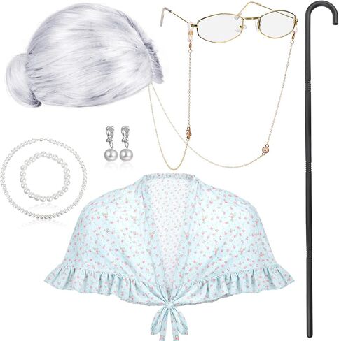 BBTO Old Lady Costume Granny Wig Grandma Shawl Inflatable Cane Frame Glasses with Chain Faux Pearl Necklace Bracelet Earrings in Kuwait