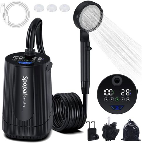 Portable Camping Shower - 10000mAh Rechargeable, 5-Speed, IPX8 Waterproof, LED Display Camp Shower Pump- Perfect for Hiking, Travel, Cars & Pets (Black) in Kuwait