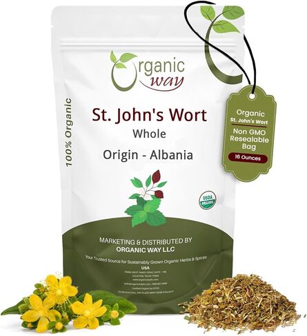 الطريقة العضوية نبتة سانت جون الكاملة (Hypericum perforatum) - شاي الأعشاب | الحصاد البري الأوروبي | عضوي، موافق للشريعة اليهودية ووزارة الزراعة الأمريكية معتمد | نباتي، غير معدّل وراثيًا وخالي من الغلوتين | المنشأ - ألبانيا (1 رطل / 16 أونصة) in Kuwait