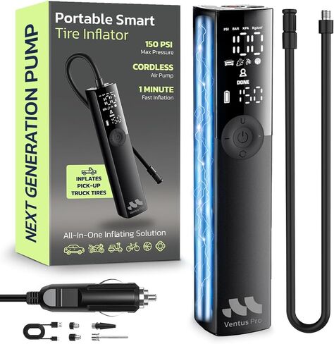 Tire Inflator Portable Air Compressor for Car, Bike, Motorcycle, SUV & Truck - Fast Car Pump, 150 PSI, Cordless & 12V DC, Auto Shut-Off, LED Display & Emergency Light by Woowind in Kuwait