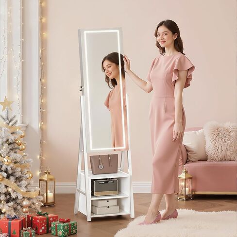 VECELO Jewelry Cabinet with Lights, 63" Full Length Mirror with Jewelry Storage, Lockable Standing Jewelry Mirror Cabinet, 3 Colors Mode, Powered By USB, White in Kuwait