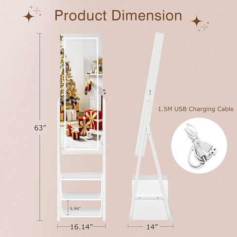 VECELO Jewelry Cabinet with Lights, 63" Full Length Mirror with Jewelry Storage, Lockable Standing Jewelry Mirror Cabinet, 3 Colors Mode, Powered By USB, White in Kuwait