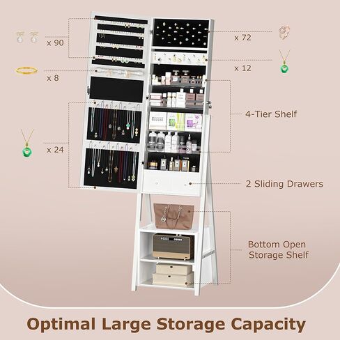 VECELO Jewelry Cabinet with Lights, 63" Full Length Mirror with Jewelry Storage, Lockable Standing Jewelry Mirror Cabinet, 3 Colors Mode, Powered By USB, White in Kuwait
