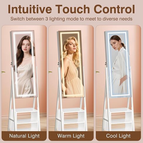 VECELO Jewelry Cabinet with Lights, 63" Full Length Mirror with Jewelry Storage, Lockable Standing Jewelry Mirror Cabinet, 3 Colors Mode, Powered By USB, White in Kuwait