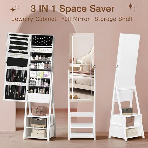 VECELO Jewelry Cabinet with Lights, 63" Full Length Mirror with Jewelry Storage, Lockable Standing Jewelry Mirror Cabinet, 3 Colors Mode, Powered By USB, White in Kuwait