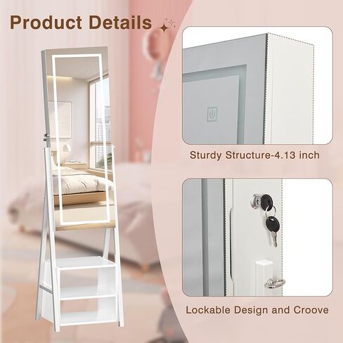 VECELO Jewelry Cabinet with Lights, 63" Full Length Mirror with Jewelry Storage, Lockable Standing Jewelry Mirror Cabinet, 3 Colors Mode, Powered By USB, White in Kuwait