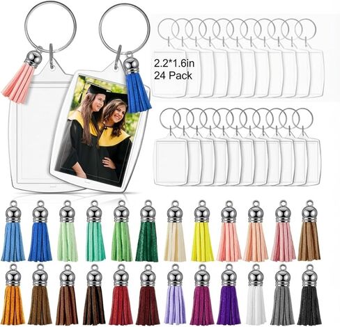 Henoyso 24 Set Acrylic Photo Frame Keychain with Tassels 2.2 x 1.57 inches Rectangle Acrylic Keychain Blanks Snap in Insert Picture Frame Keychain Clear Acrylic Blank Keyring for DIY Crafting Projects in Kuwait