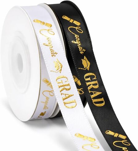 KINGLAKE 2 Rolls Graduation Ribbon 20 Yards Class of 2025 Graduation Ribbon for Gift Wrapping Party Decor Black and White with Gold Printing in Kuwait