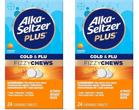 Alka-seltzer Plus New Cold & Flu FizzyChews, No Water Needed, On The Go Cold and Flu Chewable Tablets, Cold Medicine for Adults, for Flu Relief & Cold Relief, Orange Flavor, 24 Count in Kuwait