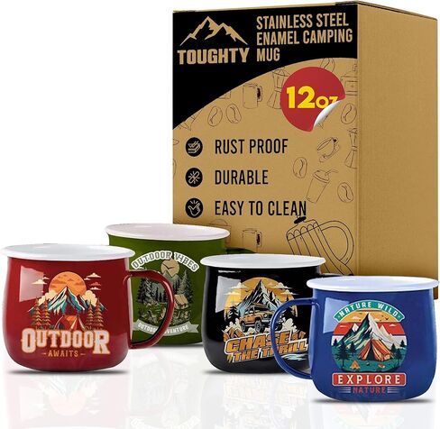 Toughty Stainless Steel Enamel Camping Mug – Insulated Metal Cup with Handle, Lightweight & Durable for Camping, Travel, Work, Outdoor, RV, Hiking, Picnic – Thermal Coffee Tumbler, 12 oz in Kuwait