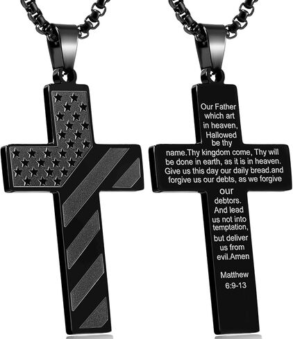 RWQIAN American Flag Cross Necklace for Men Bible Verse, Christian Religious Scriptures Faith Baptism 1st First Communion Pendant Chain for Boys, Fathers Dad Day Graduation Jewelry Gifts for Him in Kuwait