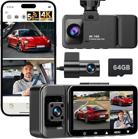 4K 3 قناة DASH CAM الأمامية والخلفية ، وكاميرا MATT MATTL للسيارة مع wifi ، وبطاقة 64 جيجابايت ، والرؤية الليلية ، والتحكم في التطبيق ، وتسجيل حلقة ، مستشعر G ، وضع وقوف السيارات 24 ساعة ، 3 "شاشة IPS in Kuwait