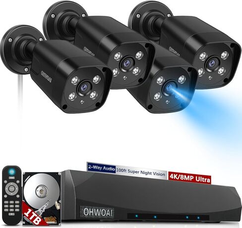 《 2-Way Audio 》Outdoor Wired Security Camera System, Black 4K IP Cameras, Home Video Surveillance Systems in Kuwait