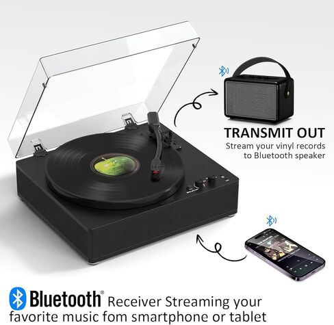 Vinyl Record Player and CD Player Combo, Internet Radio, Treble/Bass Gain, Pitch, USB Recording, Alarm Clock & Sleep, Bluetooth Vintage Turntable with Speakers & EQ, AUX in/Out & RCA Out, Black Wood in Kuwait