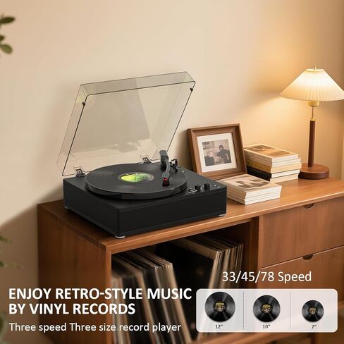 Vinyl Record Player and CD Player Combo, Internet Radio, Treble/Bass Gain, Pitch, USB Recording, Alarm Clock & Sleep, Bluetooth Vintage Turntable with Speakers & EQ, AUX in/Out & RCA Out, Black Wood in Kuwait