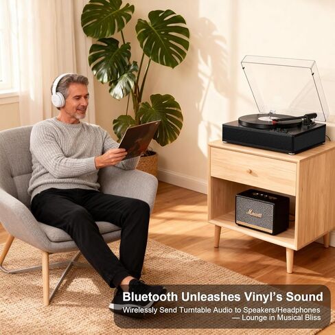 Vinyl Record Player and CD Player Combo, Internet Radio, Treble/Bass Gain, Pitch, USB Recording, Alarm Clock & Sleep, Bluetooth Vintage Turntable with Speakers & EQ, AUX in/Out & RCA Out, Black Wood in Kuwait