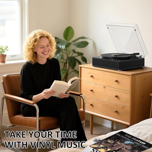 Vinyl Record Player and CD Player Combo, Internet Radio, Treble/Bass Gain, Pitch, USB Recording, Alarm Clock & Sleep, Bluetooth Vintage Turntable with Speakers & EQ, AUX in/Out & RCA Out, Black Wood in Kuwait