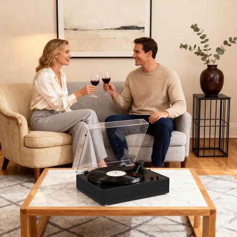 Vinyl Record Player and CD Player Combo, Internet Radio, Treble/Bass Gain, Pitch, USB Recording, Alarm Clock & Sleep, Bluetooth Vintage Turntable with Speakers & EQ, AUX in/Out & RCA Out, Black Wood in Kuwait