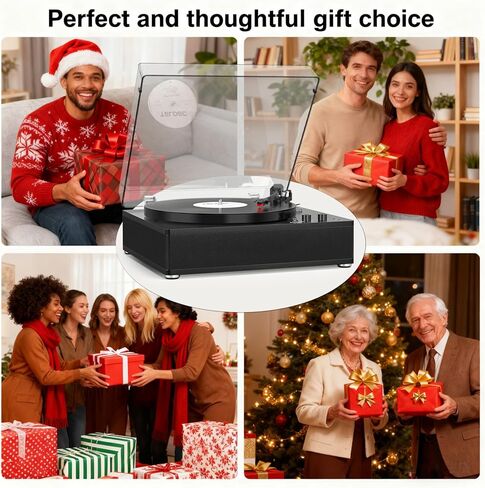 Vinyl Record Player and CD Player Combo, Internet Radio, Treble/Bass Gain, Pitch, USB Recording, Alarm Clock & Sleep, Bluetooth Vintage Turntable with Speakers & EQ, AUX in/Out & RCA Out, Black Wood in Kuwait