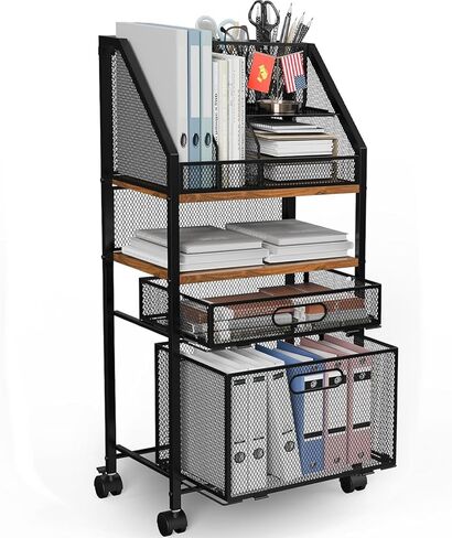 Rolling File Cart with 2 Storage Drawers Multipurpose Under Desk File Organizer Cart with Lockable Wheels Wood&Mesh Rolling File Organizer Space-Saving Cart for Office Supplies (31 * 15 * 10 Inch) in Kuwait