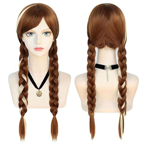 ANOGOL Wig Cap+ Brown Wig for Princess Long Braided Wig with Bangs Straight Cosplay Wig for Kids Women Girls Party Halloween Costume Wig in Kuwait