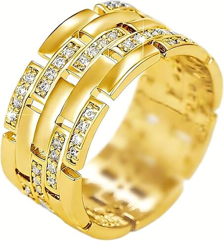 Sdouefos 9MM Titanium Stainless Steel High Polished 18K Gold Plated Channel Set Cubic Zirconia CZ Promise Engagement Band Gold Wedding Ring Comfort Fit Men's Rings Wide Diamond Rings Size 8 in Saudi Arabia