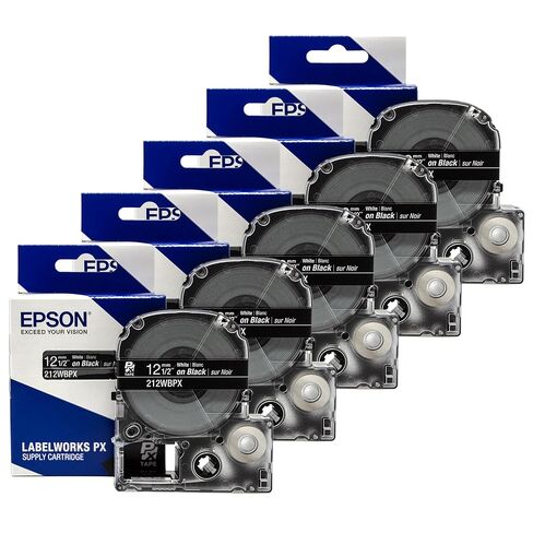 Epson LABELWORKS 212BWPX-5PK PET (Polyester) Tape Cartridge - 5 Unit Case Pack Black on White Standard Industrial Label Maker Tape - 1/2" (12MM) Wide, 30 ft - 5 Pack in Saudi Arabia
