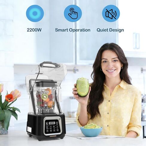 CRANDDI Commercial Smart Smoothie Blender - 2200W High-Power Professional Blenders for Smoothies & More, 4 Pre-Set Programs, Quiet Blender with Removable Shield, 52oz BPA-Free Jar, 120V, K80TS in Kuwait