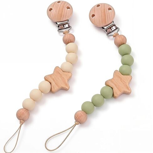 2Pcs Wood Star Silicone Pacifier Clip for Baby Girl and Boy Pacifier Holder Binky Clips in Kuwait