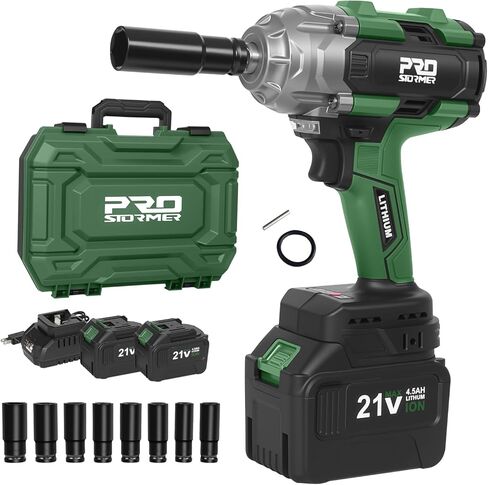 Prostormer 800N.m(580Ft-lbs) Cordless Impact Wrench, 1/2" Brushless High Torque Impact Gun Kit for Car Home, 2x4.5Ah Rechargable Batteries, Charger & 8 Sockets in Kuwait