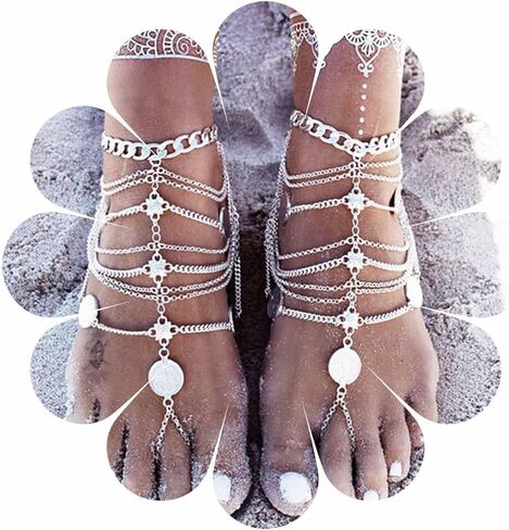 Zeshimb Boho Layered Coin Anklets Vintage Coin Toe Ring Ankle Bracelets Gold Tassel Anklet Gypsy Beach Barefoot Sandals Anklet Foot Chain Jewelry for Women and Girls in Kuwait