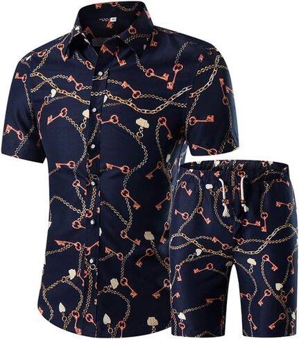 MANTORS Mens Floral Hawaiian Outfits 2 Piece Button Down Short Sleeve Shirt and Shorts Sets in Kuwait