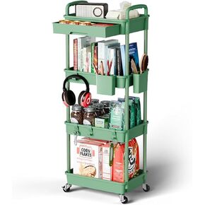 Rolling Utility Cart with Drawer Plastic 3 Tier Rolling cart Cart with Handle Multi-Purpose Storage Organizer with Hanging Basket and Hooks Storage Cart for Kitchen,Bathroom,Living Room,Office, White in Saudi Arabia