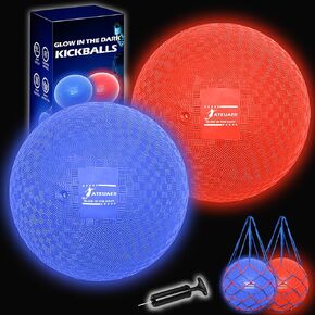 8.5 Inch Light up Kickball Set, Dodgeballs 2 Pack, Playground Balls Gift for Kids, Glow Bouncy Balls Includes Pump and Storage Bag, Handball for Night, Glow in The Dark Party Supplies in Kuwait