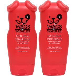 Wags & Wiggles Double Trouble 2-in-1 Dog Shampoo & Conditioner | Cleansing and Nourishing Shampoo and Conditioner for Dogs | Fruity Watermelon Scent, 16 Ounces (Pack of 2) in Kuwait