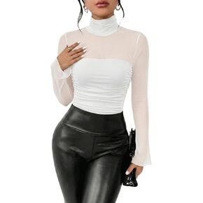 بدلة نسائية مثيرة للملابس: بدلة للجسم بأكمام طويلة وياقة سلحفاة وهمية - ملابس داخلية شفافة مكشكشة للخروج in Kuwait