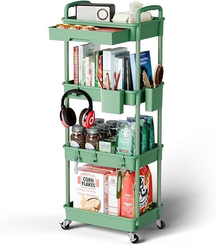 Rolling Utility Cart with Drawer Plastic 3 Tier Rolling cart Cart with Handle Multi-Purpose Storage Organizer with Hanging Basket and Hooks Storage Cart for Kitchen,Bathroom,Living Room,Office, White in Kuwait