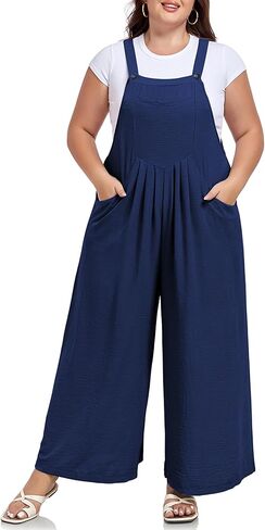 Moon Wood Plus Size Jumpsuit for Women Adjustable Casual Summer Wide Leg Rompers Loose fit Overalls Jumper with Pockets in Kuwait