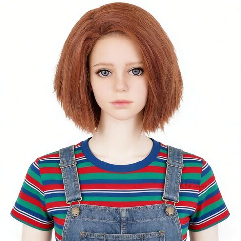 شعر مستعار قصير للأطفال باللون البرتقالي والبني للجنسين، شعر مستعار بني زنجبيل قاتل، جزء جانبي، شعر مستعار اصطناعي لأزياء الهالوين والحفلات التنكرية in Kuwait