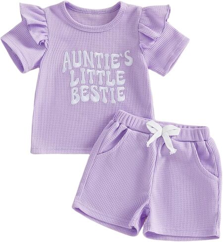 Aunties Bestie Baby Clothes Gender Neutral Baby Boy Short Sleeve Letter T-Shirt Solid Color Shorts Summer Outfit (B-Auntie Boy Blue, 18-24 Months) in Saudi Arabia