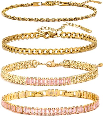 YOXWSKA 4 قطع أساور ذهبية ملونة للنساء، سوار تنس زركونيا مكعب 5 مم مربع، مجموعة أساور تنس تشيكوسلوفاكيا مطلية بالذهب 14 قيراط للنساء المراهقات والفتيات هدية مجوهرات قابلة للتعديل in Kuwait