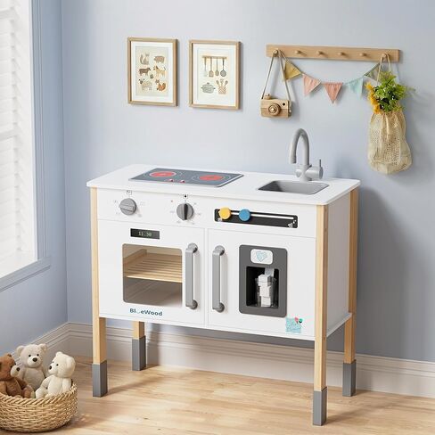 BlueWood Wooden Kids Kitchen Playset for Toddlers Ages 3-8, with Induction Hob, Oven, Ice Maker, Hood, and Tap - Châtelet Creamy Pink in Kuwait