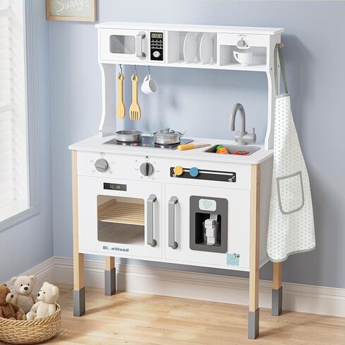 BlueWood Wooden Kids Kitchen Playset for Toddlers Ages 3-8, with Induction Hob, Oven, Ice Maker, Hood, and Tap - Châtelet Creamy Pink in Saudi Arabia