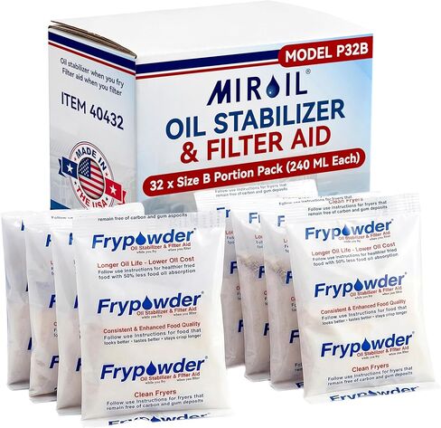 MirOil P32B Fry Powder Oil Stabilizer Filter Aid, 32 x Size B Portion Pack (240 ML Each), Deep Fryer Cooking Oil Saver, Removes Carbon Deposits in Saudi Arabia