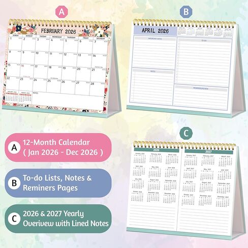 Desk Calendar 2025-2026 - Standing Flip Desktop Calendar 2025-2026, 18 Months (Jul. 2025 - Dec. 2026), 10" x 8", Large with Notes, To-Do Lists, Yearly Overview, Thick Paper, Great for Easy Planning in Kuwait