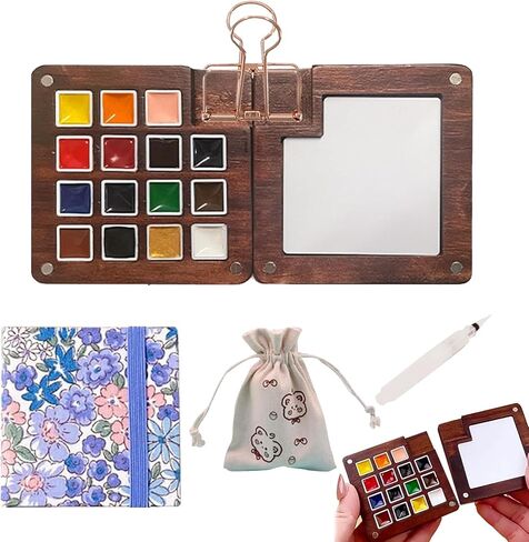 15 Gauge Acrylic Mini Palette, Mini Watercolor Palette Set, Pocket Artist Watercolor Travel Set, Portable Watercolor Palette Box Set with Brushes, Clips, Sketchbook, Paints, Storage Bag (B) in Kuwait