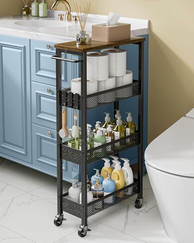 عربة تخزين Giwil Slim 5 Tier Narrow Kitchen Rolling Cart على عجلات للمساحة الصغيرة ، عربة المعادن الضيقة خزانة الحمام الجرف الجرف المنظم مع قمة الخشب والمقبض ، الأسود in Saudi Arabia