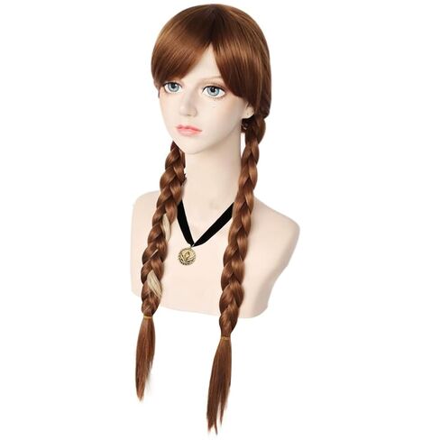 ANOGOL Hair Cap+ (1 Necklace) Long Brown Wig With Braid Princess Wig For Girls Women Anime Cosplay Wig for Kids Wig with Adjustable Head Circumference Halloween Party Costume in Kuwait